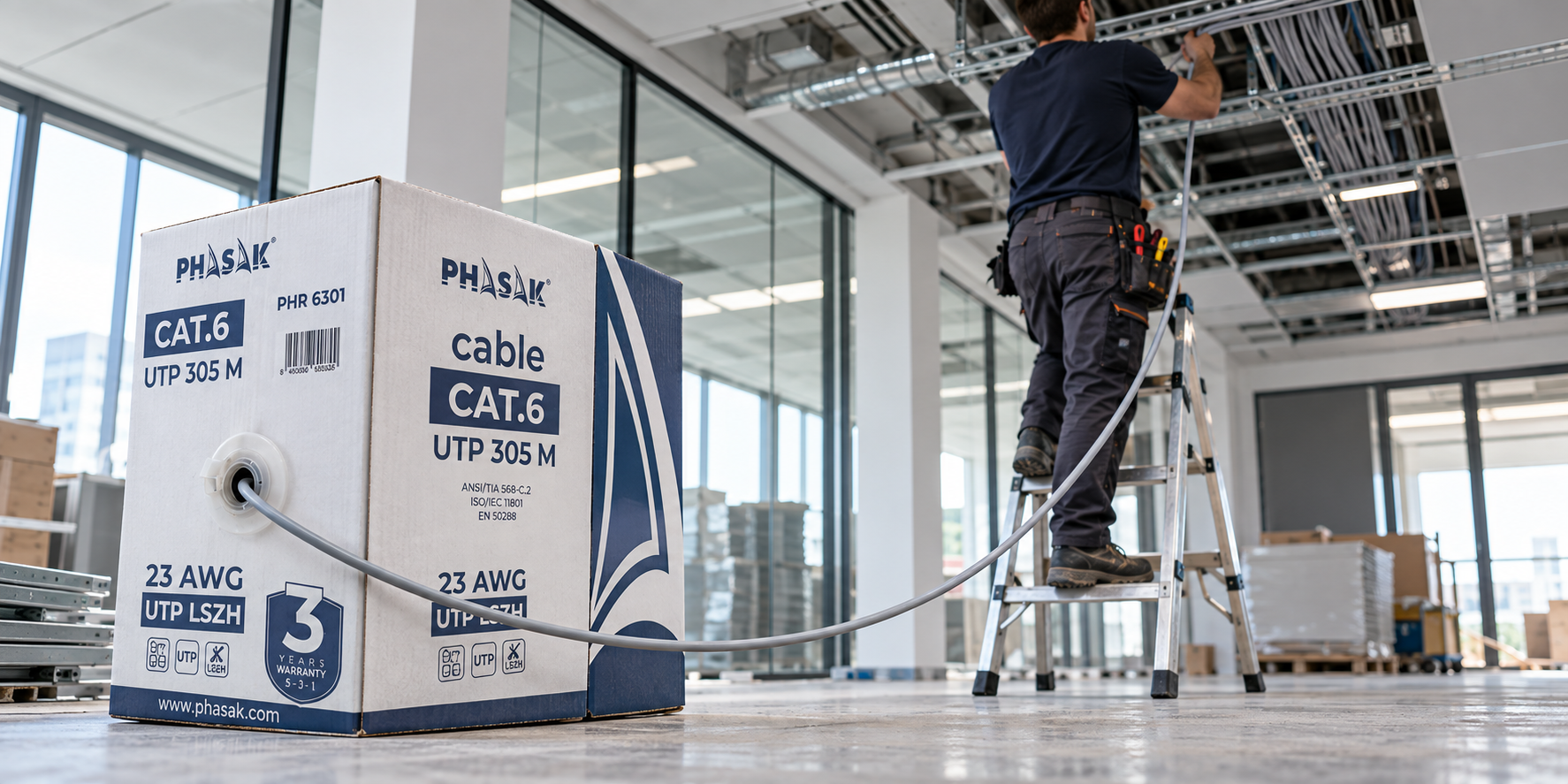 Instalador tendiendo cable de red PHASAK desde la caja dispensadora