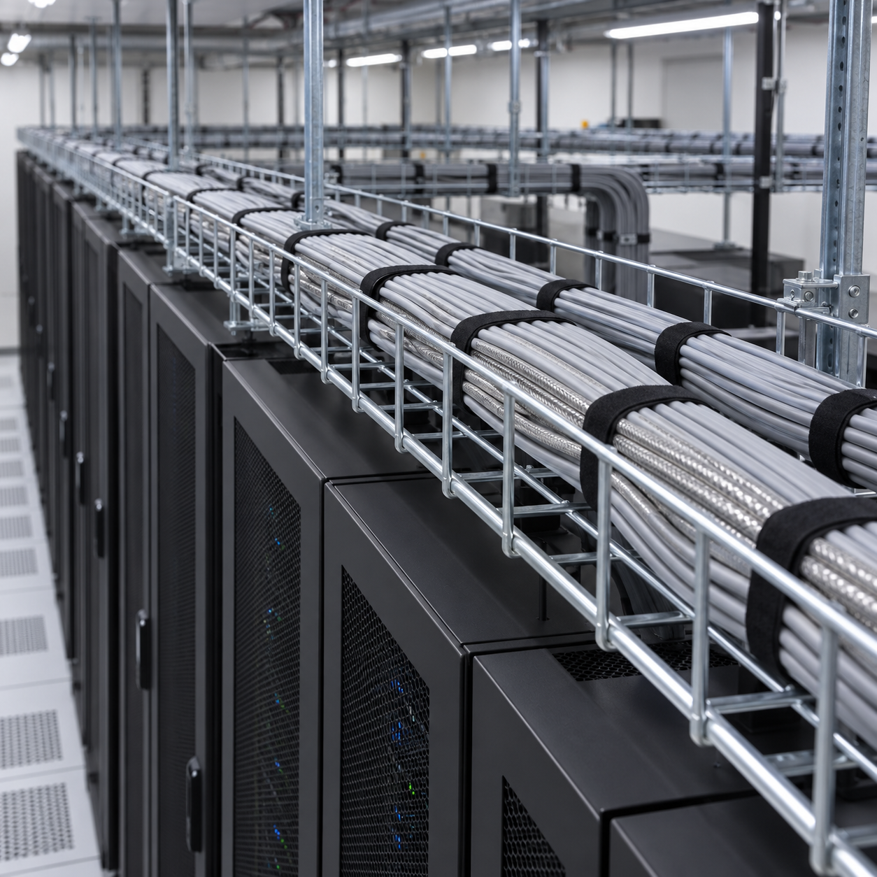 Bandeja de cables sobre racks en un centro de datos