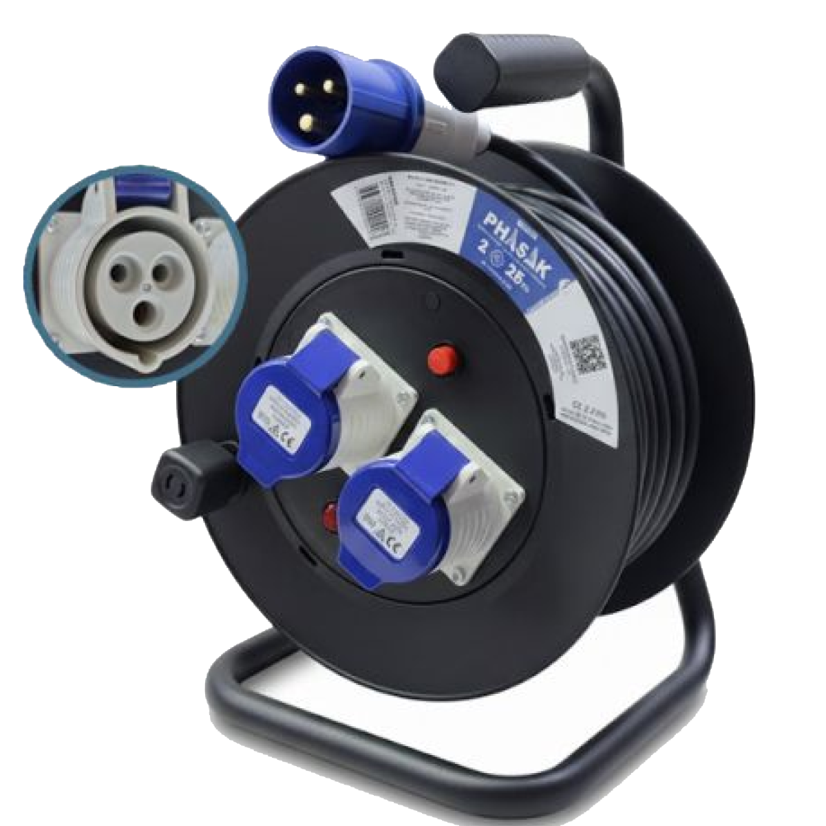 Regleta enrollable PHASAK 2× enchufe industrial 2P+TT con protección – 25 m (BN 3475)