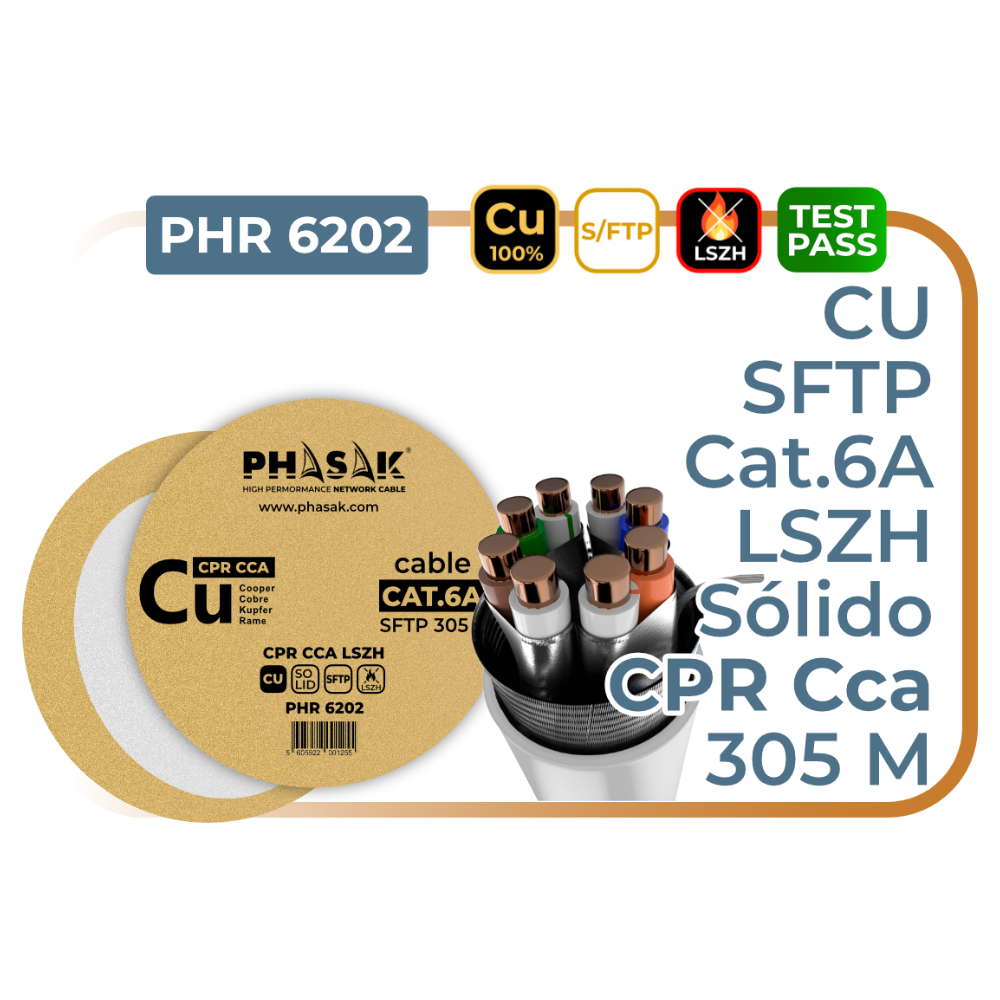 Bobina S/FTP Cat.6A 100% cobre sólido LSZH · CPR Cca · Certificado · 305 m – PHR 6202 Bobina S/FTP Cat.6A 100% cobre sólido LSZH · CPR Cca · Certificado · 305 m – PHR 6202 – bobina cable phasak phr 6202