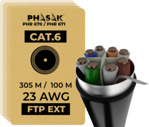 Bobina de Cable de Red Exterior CCA Sólido en caja · FTP · Cat. 6 · 100 Metros – PHR 671